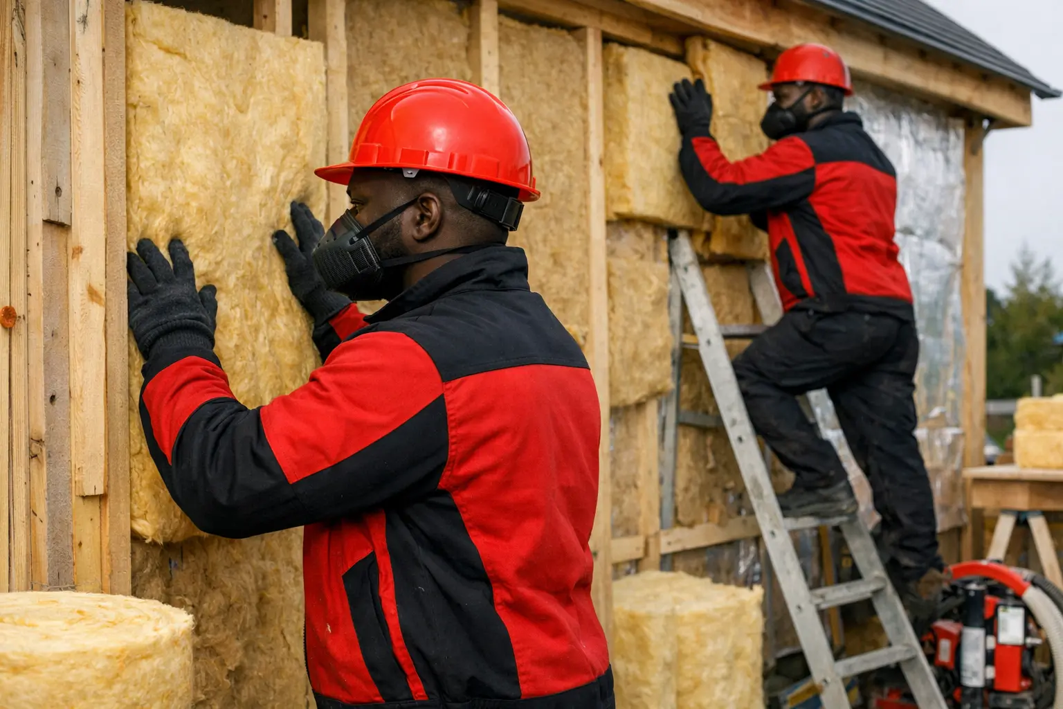 Insulation crew installing batt insulation